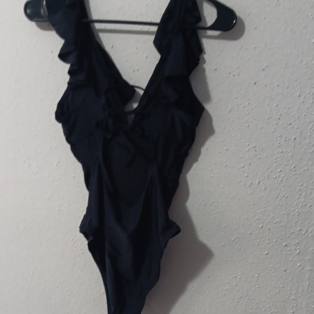 Black Ruffled V-Neck One Piece Swimsuit